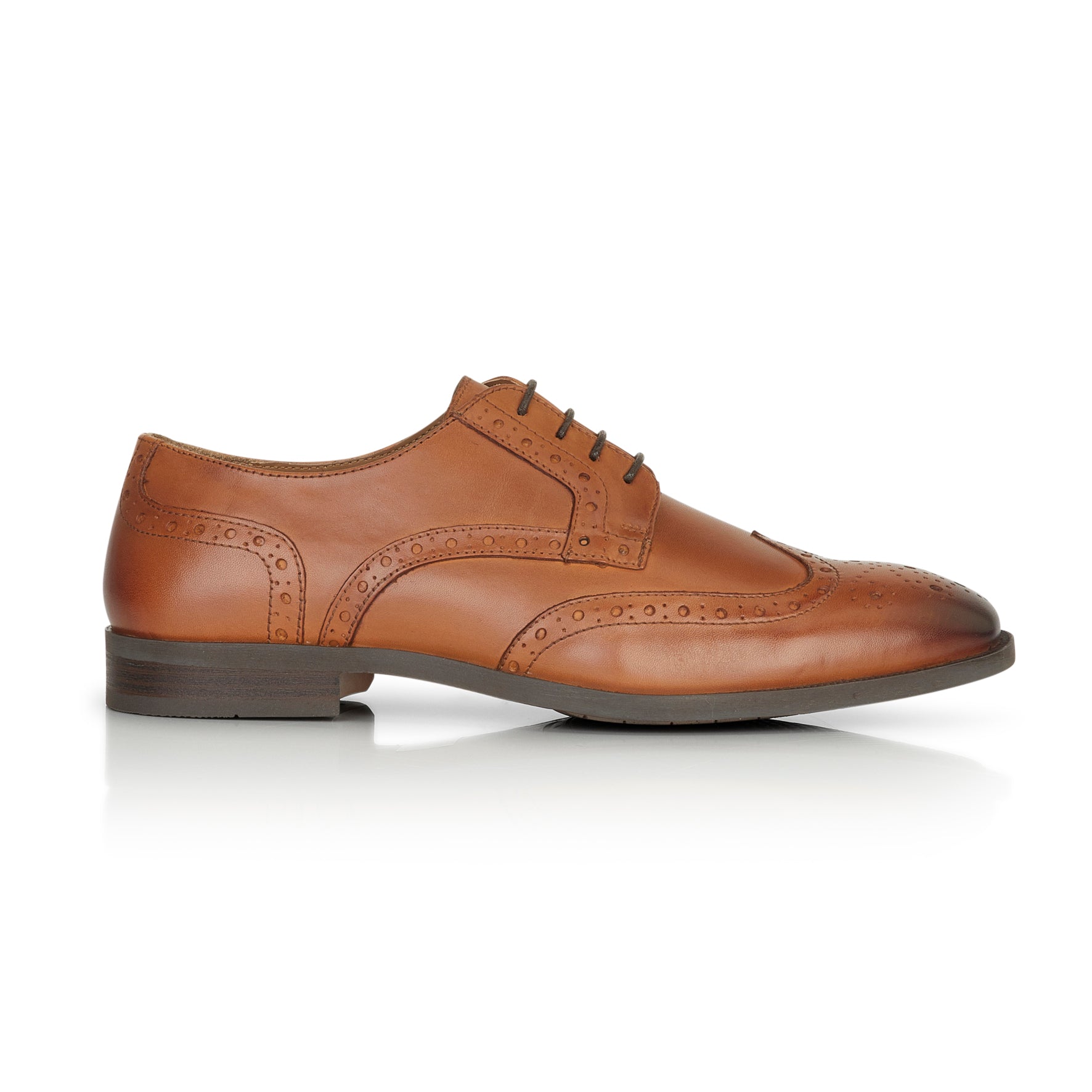 Side profile of Flint tan leather derby shoes with brogue detailing and lace-up closure