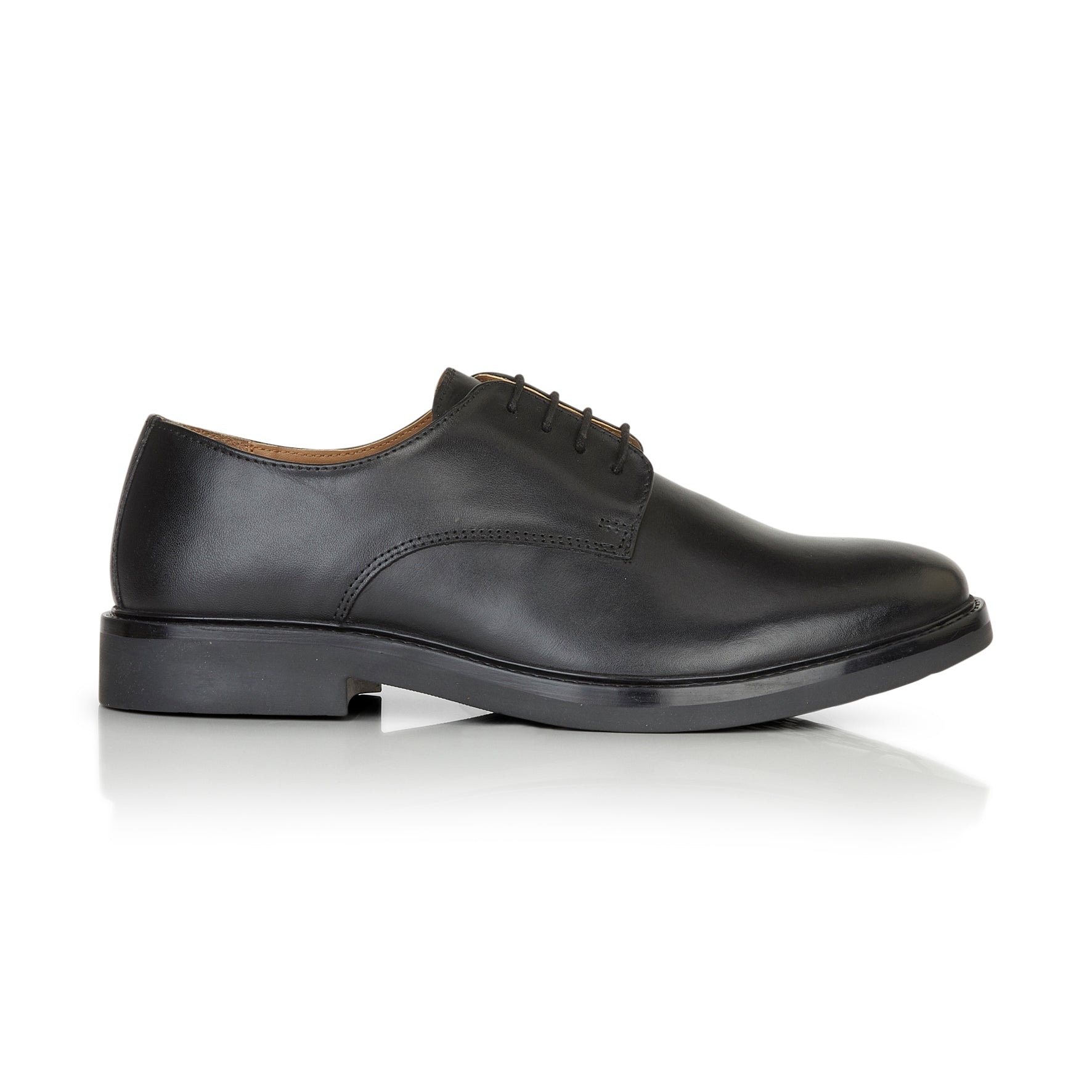 Side view of black leather derby shoes for men with premium formal design