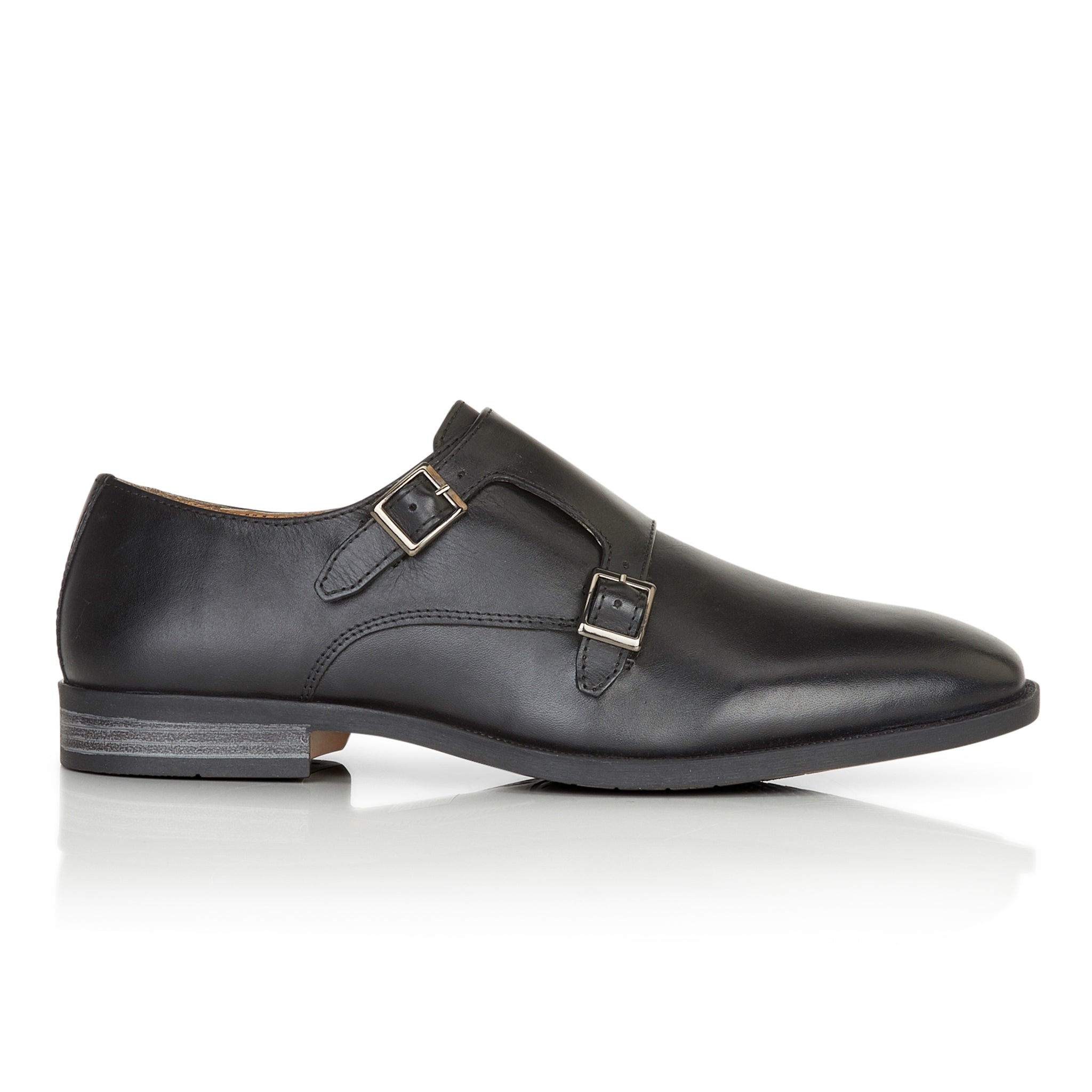 Malvern Leather Double Monk Shoes - Black