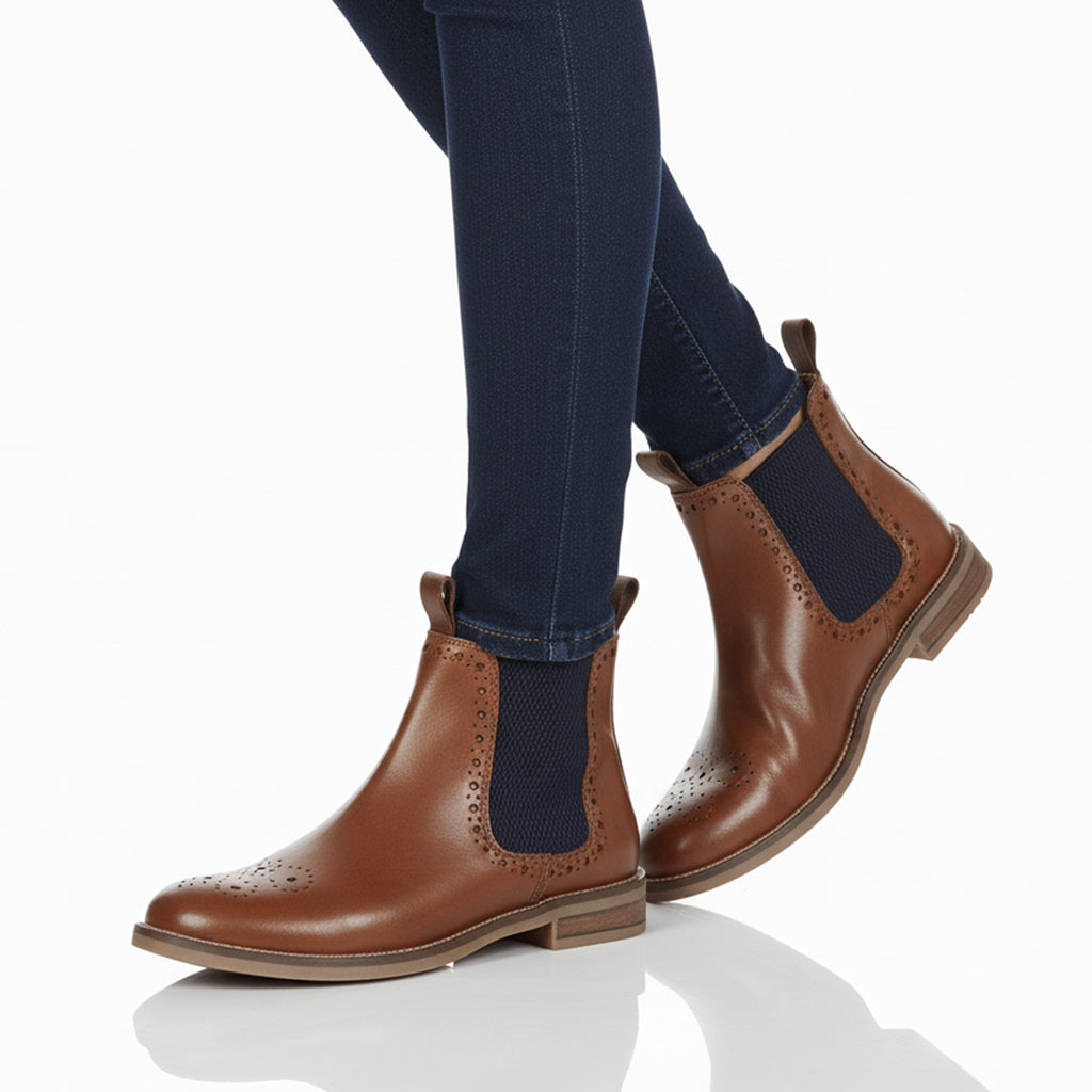 Zoey Leather Brogue Boots- Tan